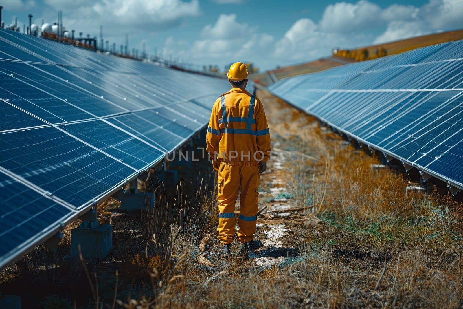 Sustainability Energy concept. Solar panels photovoltaics in solar farm by itchaznong