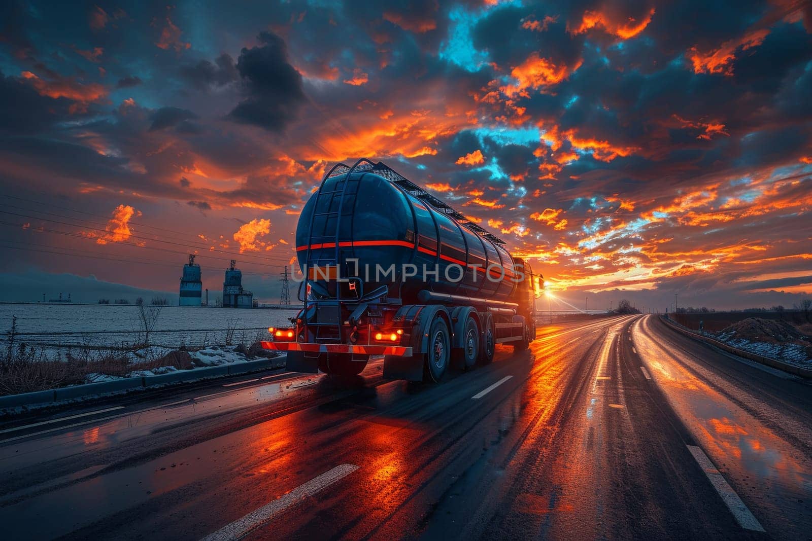 A large tanker truck is driving down a road near a refinery. The sky is orange and the sun is setting