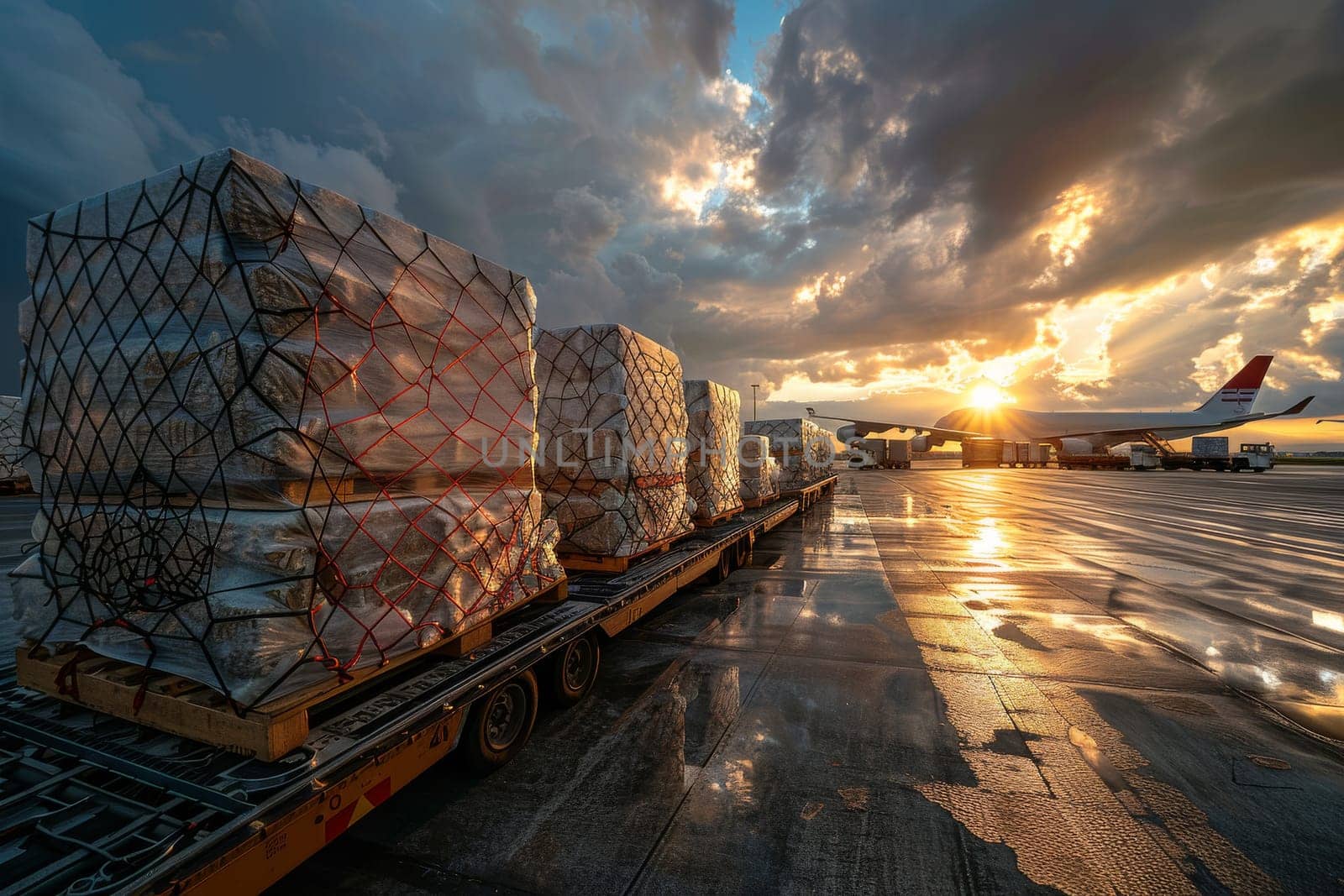 A large airplane is flying over a row of boxes. The boxes are stacked on pallets and are being loaded onto the plane. The scene is taking place at an airport, and the sun is setting in the background