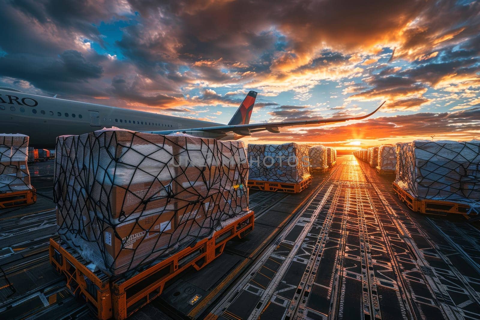 A large airplane is flying over a row of boxes. The boxes are stacked on pallets and are being loaded onto the plane. The scene is taking place at an airport, and the sun is setting in the background