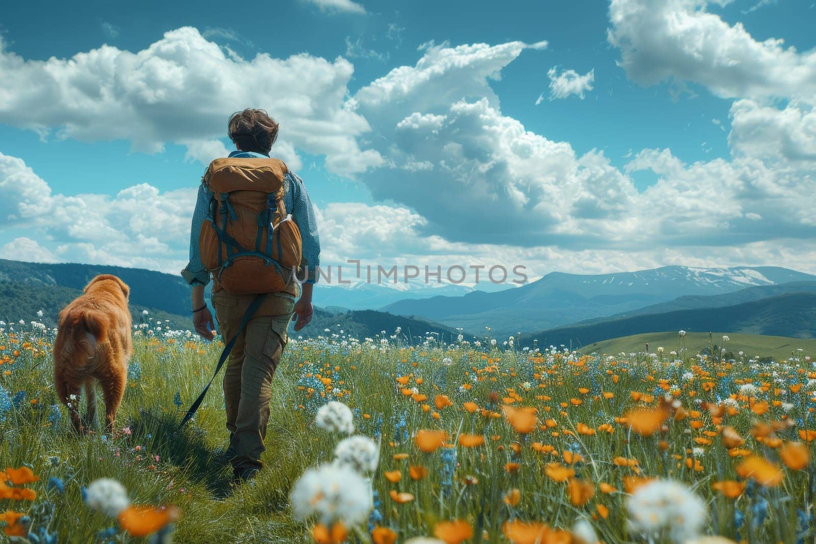 A man and his dog are walking through a field of yellow flowers by itchaznong
