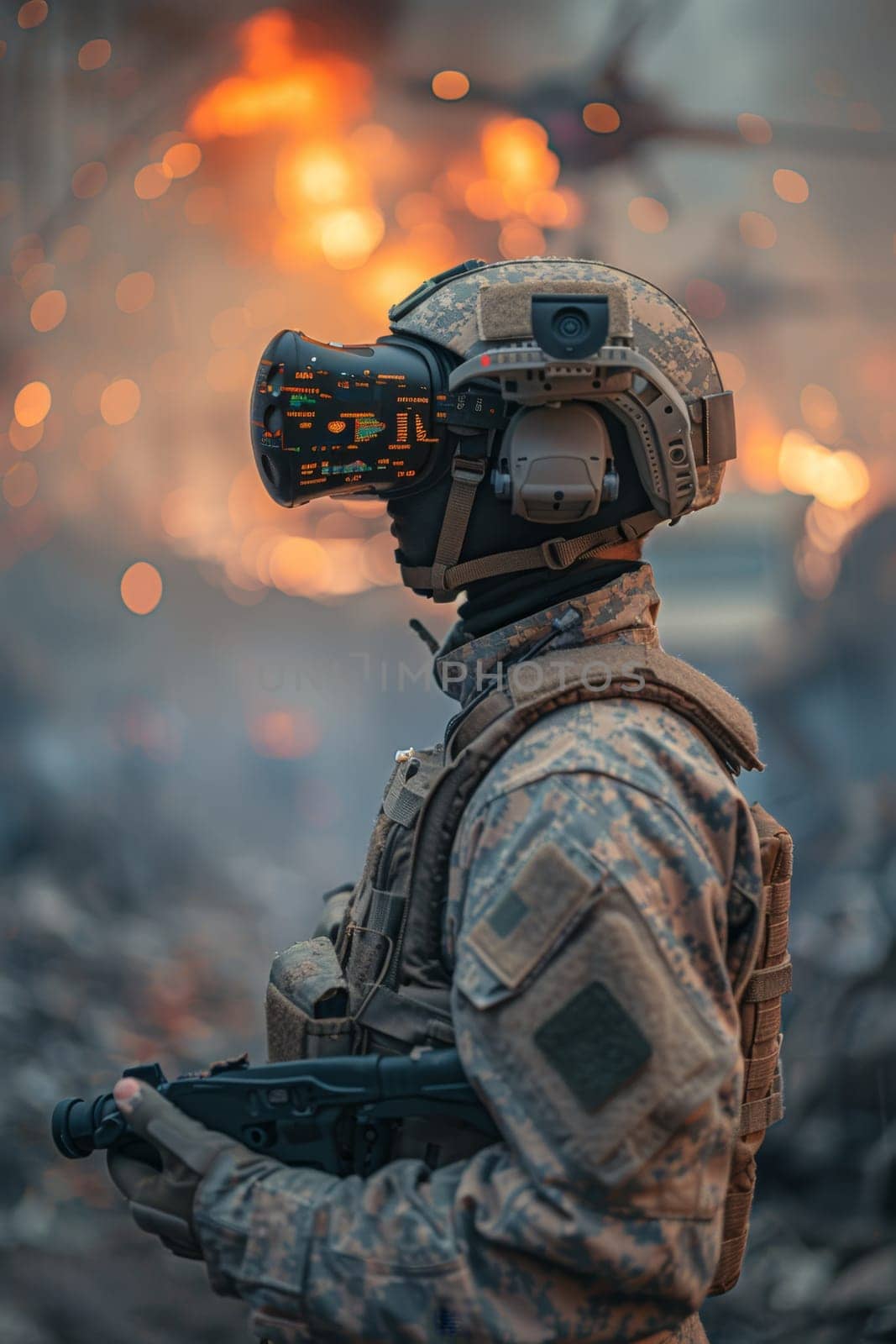 A soldier wearing virtual reality glasses controls a quadcopter. Modern military weapons.