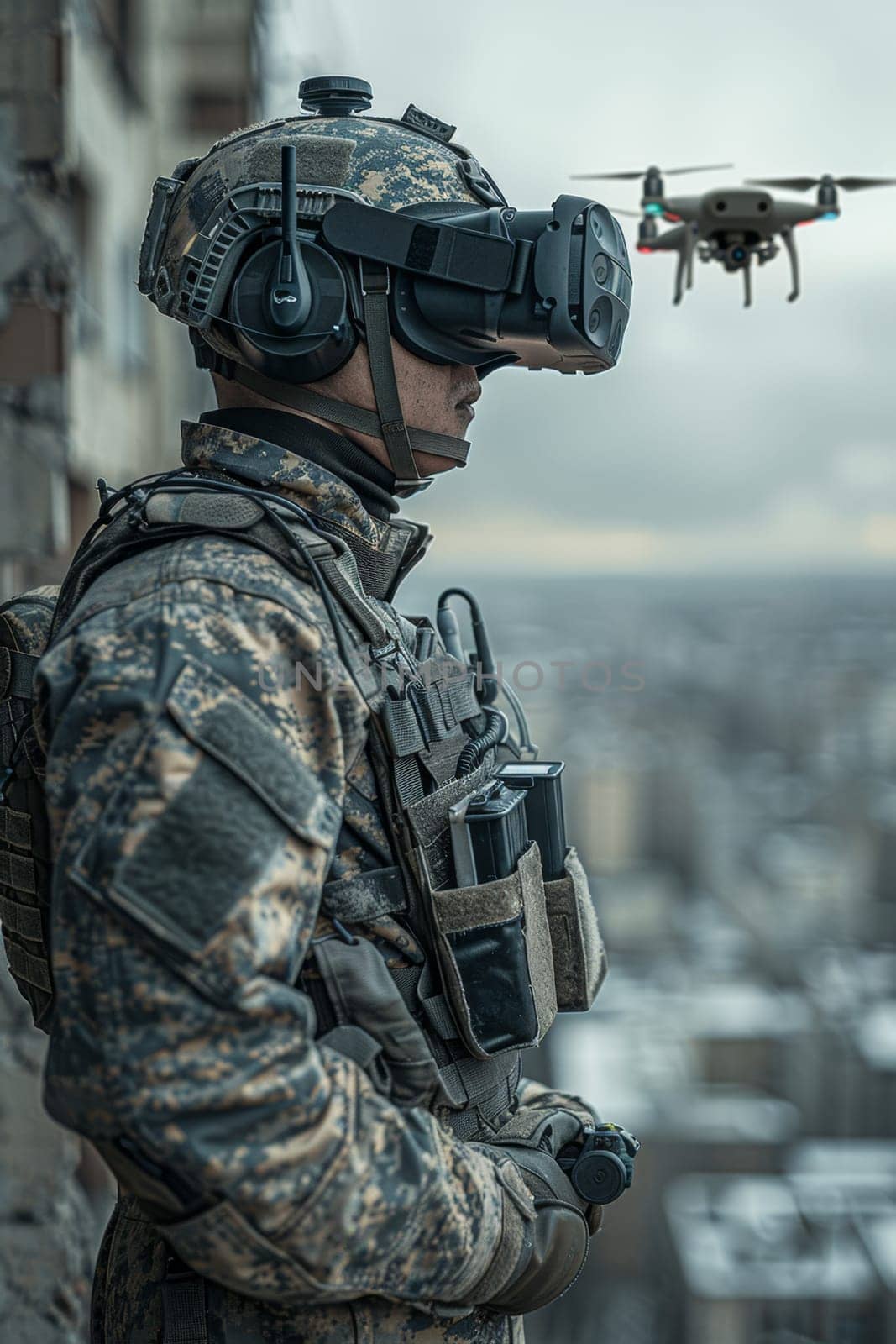 A soldier wearing virtual reality glasses controls a quadcopter. Modern military weapons.