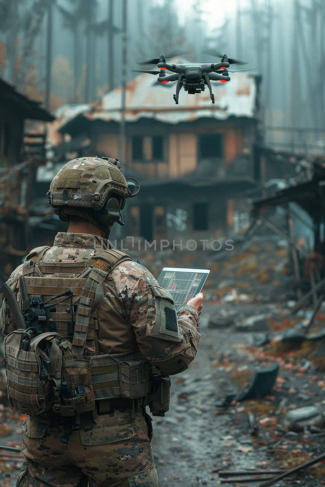 A soldier with a tablet in his hands controls a patrolling quadcopter. Modern military weapons.