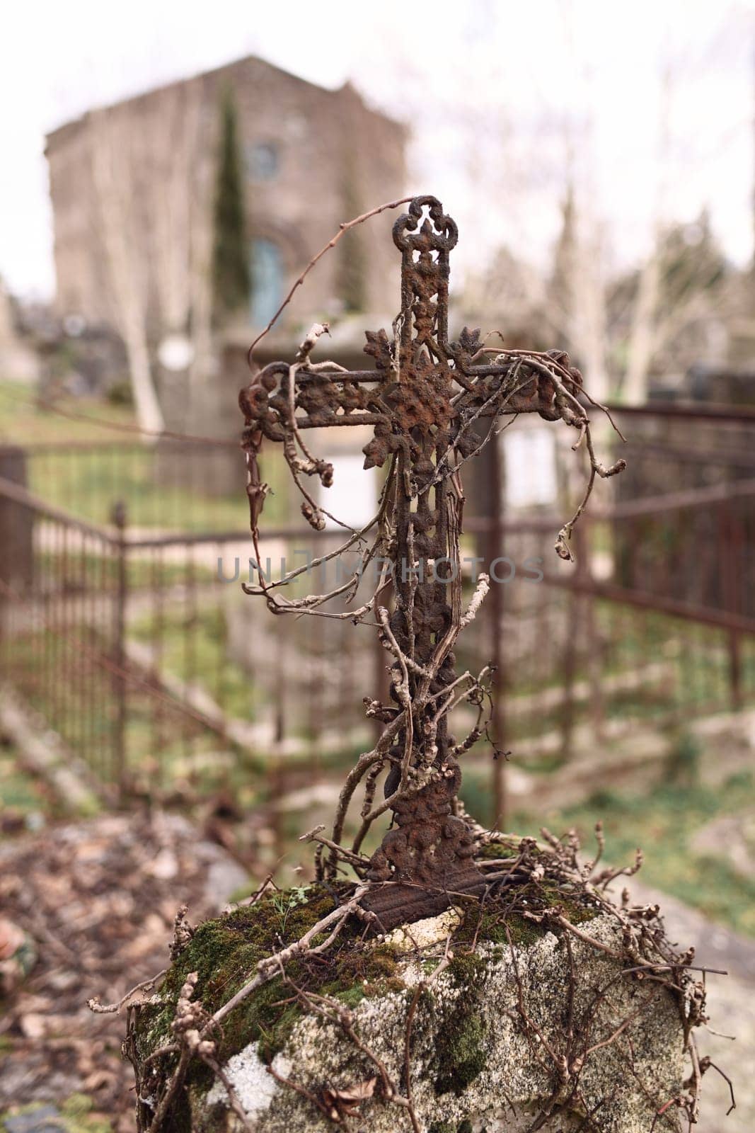 Abandoned grave with a rusty cross in a cemetery by Godi