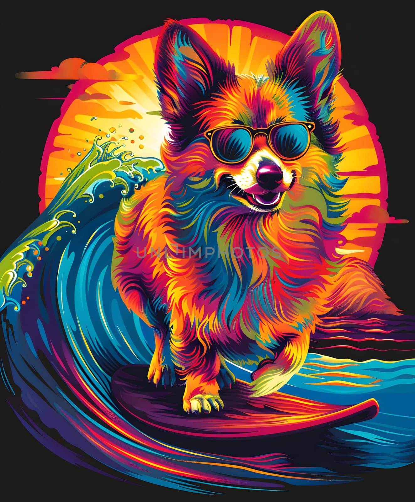 A fawncolored carnivore canine, sporting whiskers and an electric blue and magenta surfboard, rides the waves with style and flair, showcasing the true essence of a companion dog