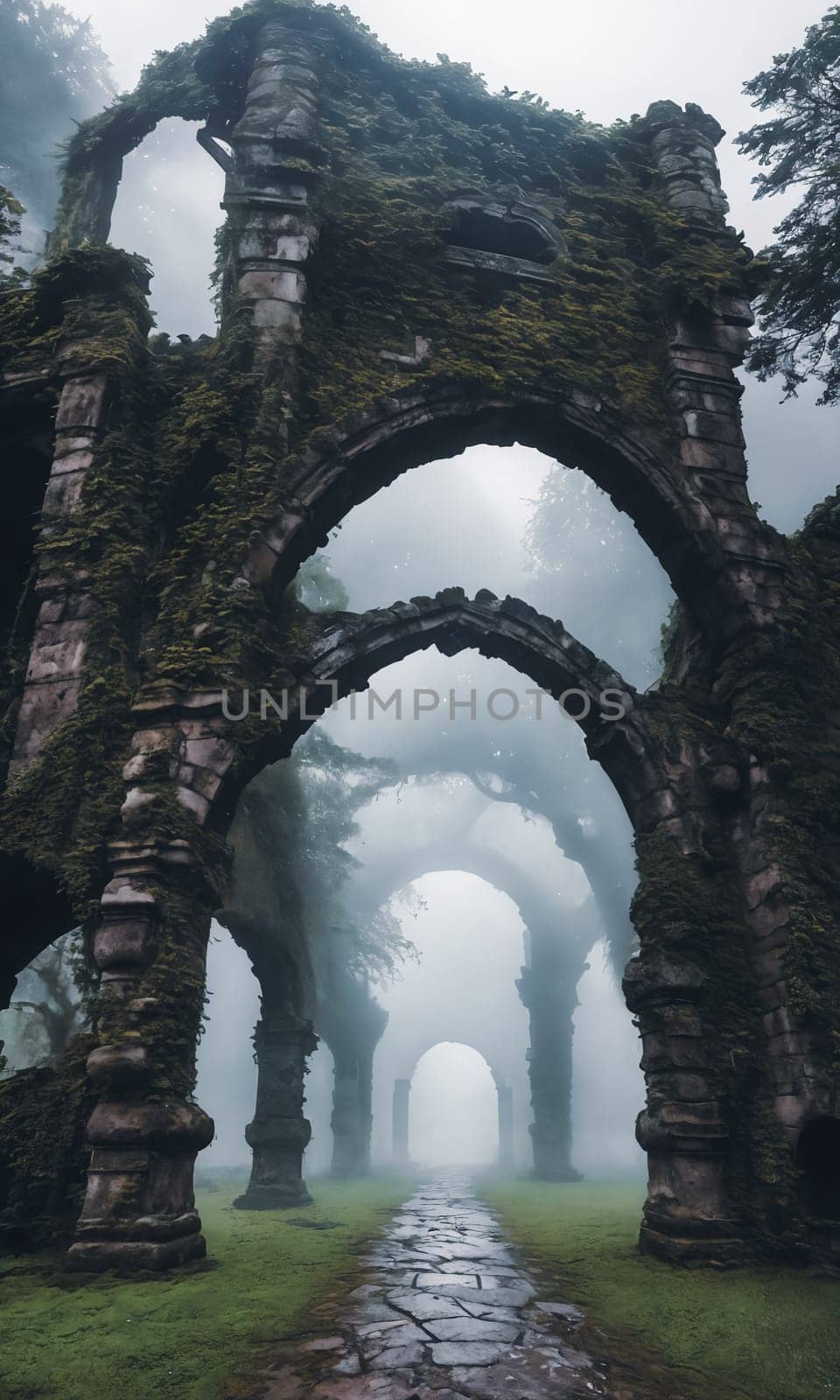 Mist-Clad Ruins. The remnants of an ancient castle, shrouded in mist. Ivy-clad walls crumble gracefully, and forgotten statues guard the entrance.