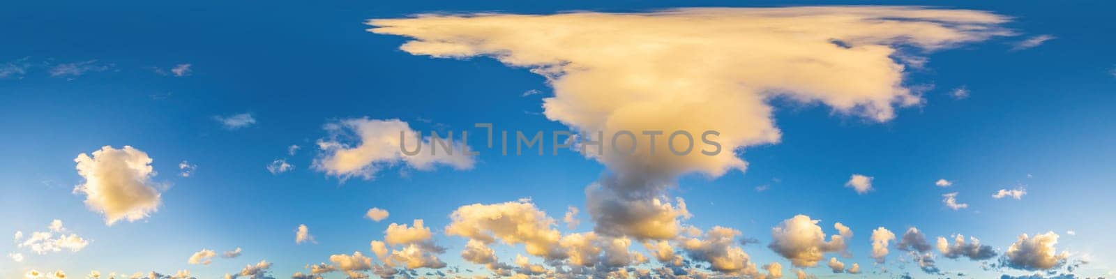 Sky panorama with Cirrus clouds in Seamless spherical equirectangular format. Full zenith for use in 3D graphics, game and editing aerial drone 360 degree panoramas for sky replacement