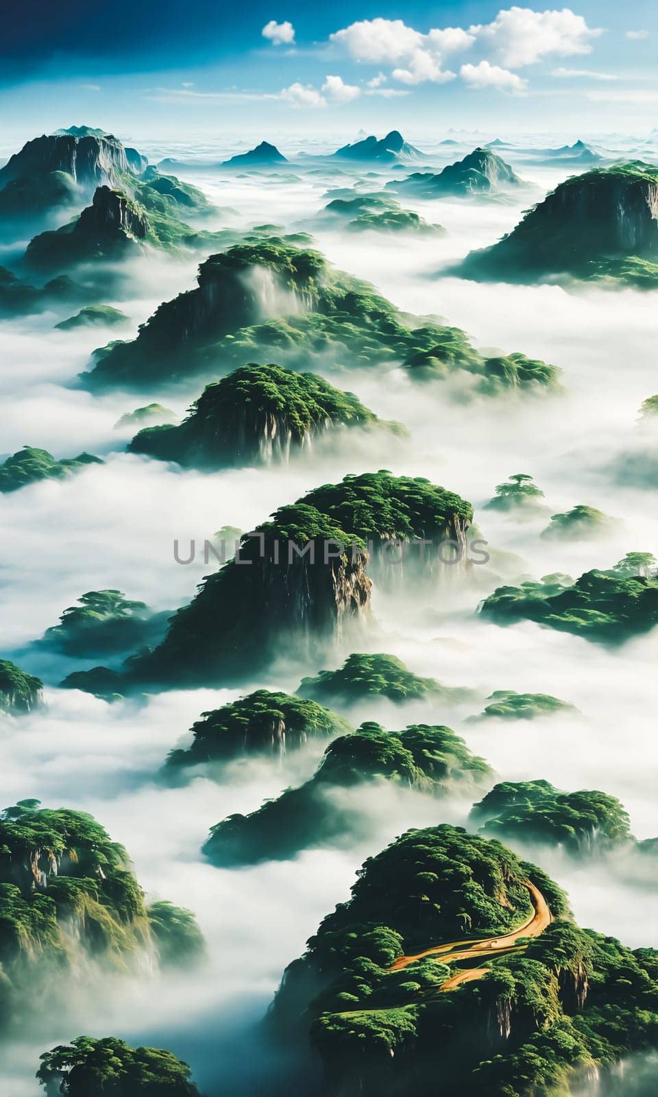 Floating Isles. Above a sea of clouds, islands drift like dreamscapes. Each is a miniature world, lush forests, waterfalls, and floating gardens. The sky holds its breath, and rainbows weave through the mist.