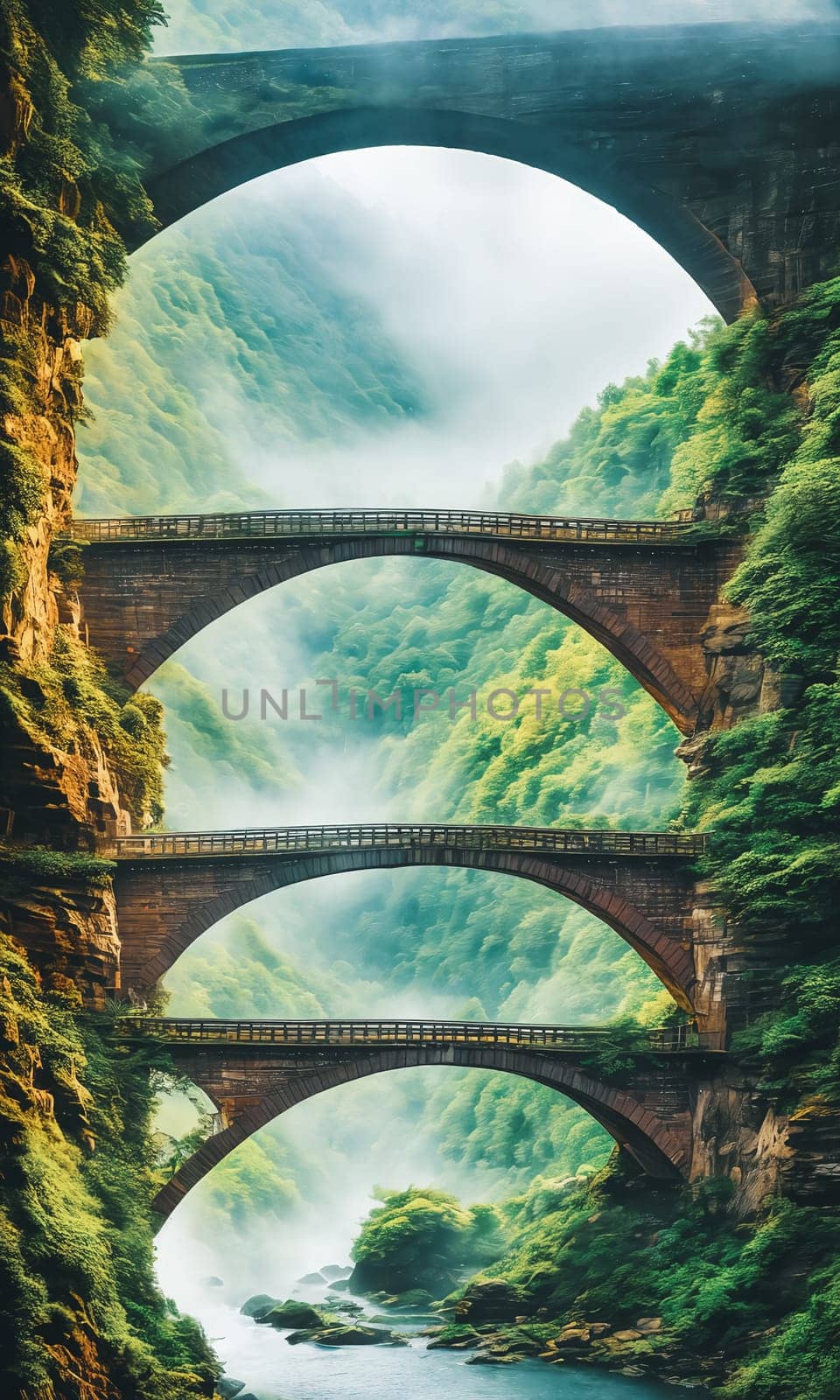 Rainbow Bridge. Arching across a misty gorge, a rainbow bridge connects two worlds. by GoodOlga