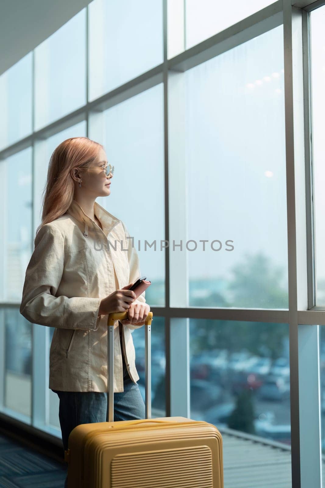 Airport travel and woman with passport, flight ticket or information of immigration, journey and luggage. identity document and international registration.