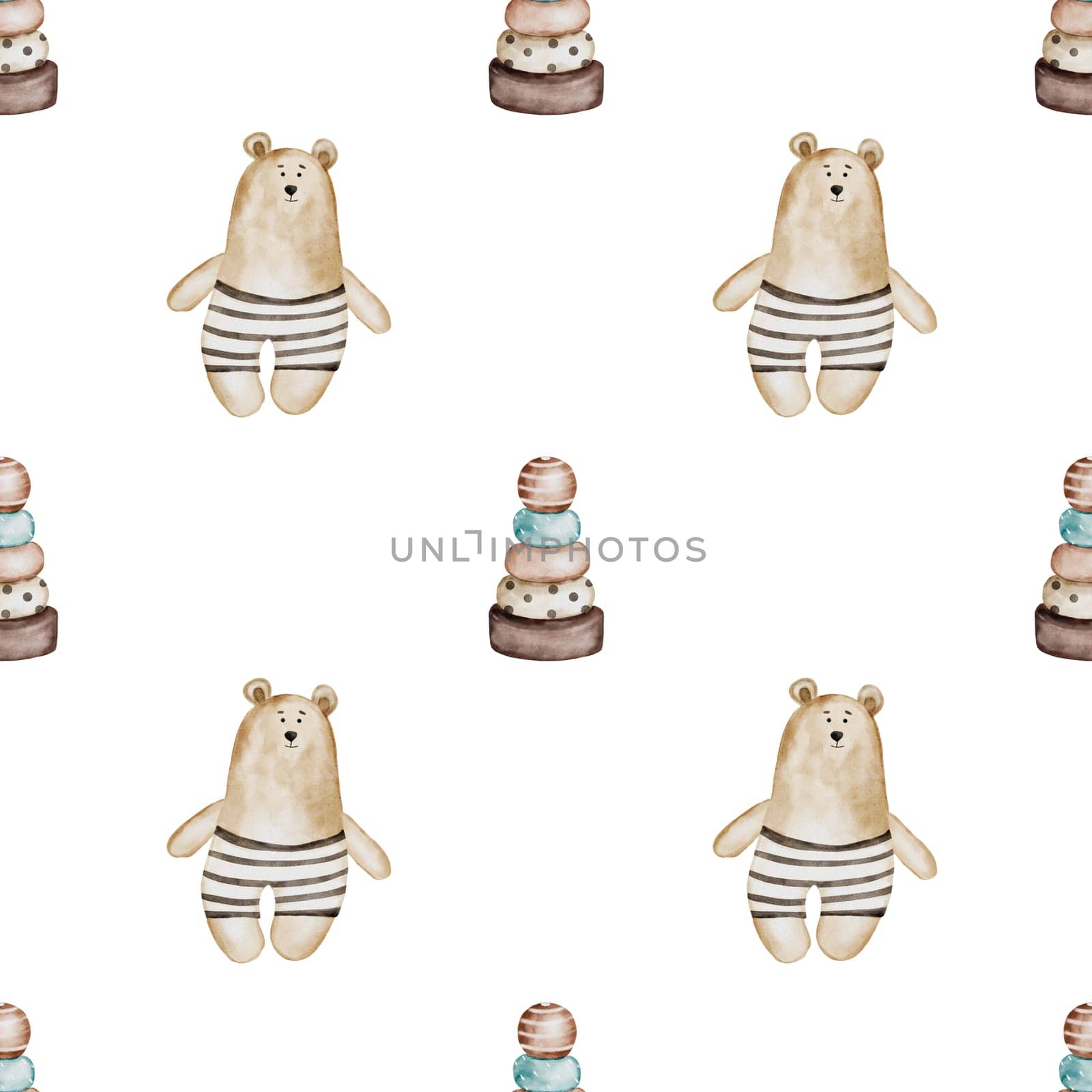 Baby pattern with retro toys. Watercolor ornament with vintage bear and wooden pyramid. In pastel colors on a white background. Baby design for diapers, bed linen, clothes. High quality illustration