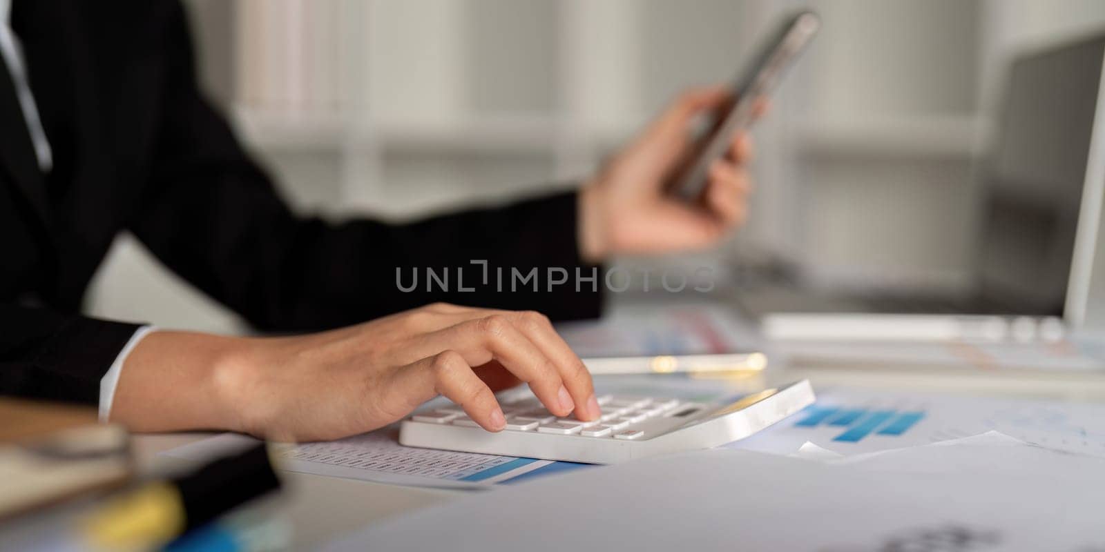 Documents, Business woman and accountant reading report for information, financial data or analysis. Paperwork, auditor check, review and bookkeeping, Calculate finance and tax in office.