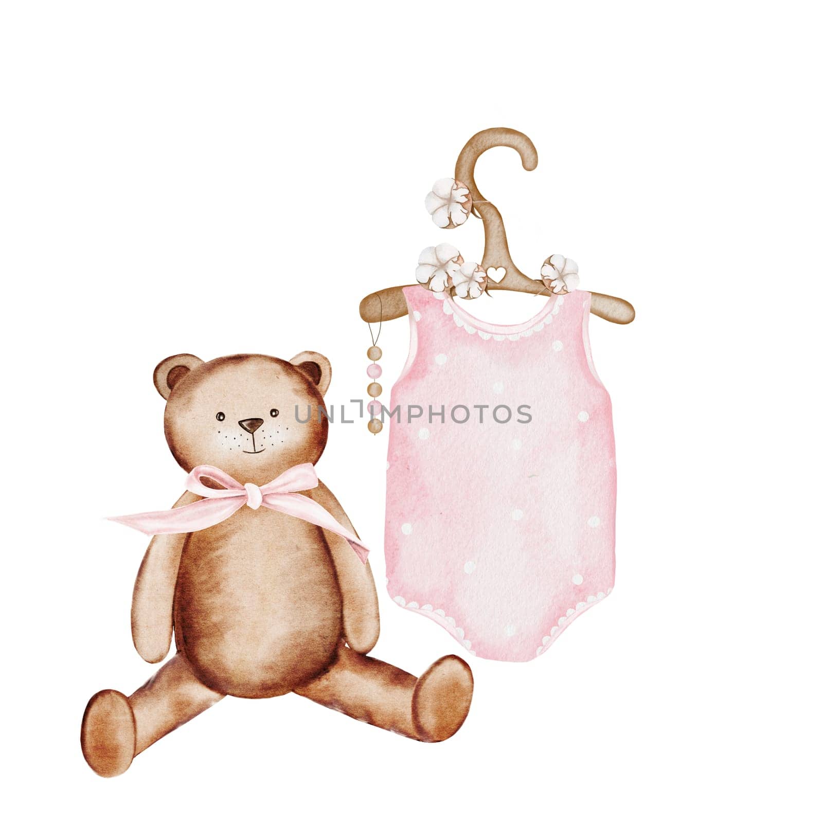 Baby shower watercolor illustration with bear and retro clothes. Cute teddy bear, pink bodysuit on a hanger with cotton flowers. Delicate clip art isolated on white background. For the design of invitations and cards for birth or discharge from the maternity hospital