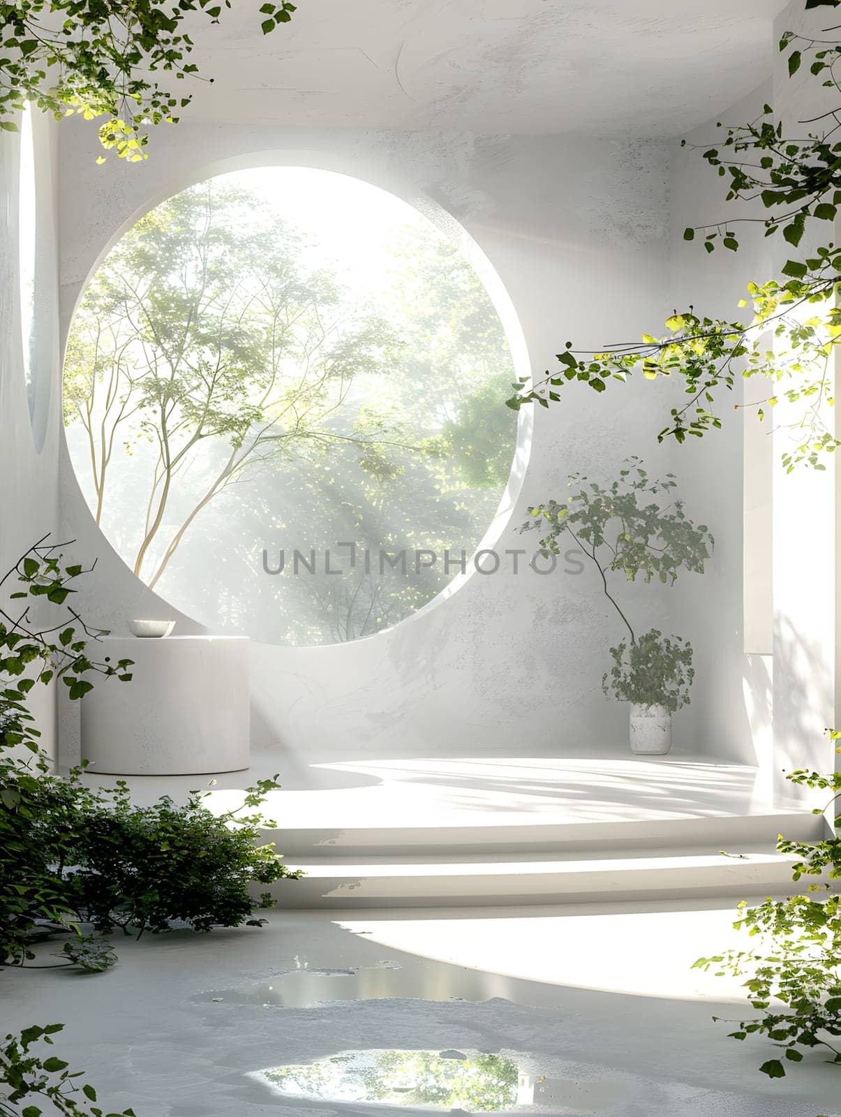 A circular window brings in sunlight to the room, overlooking natural landscape by Nadtochiy
