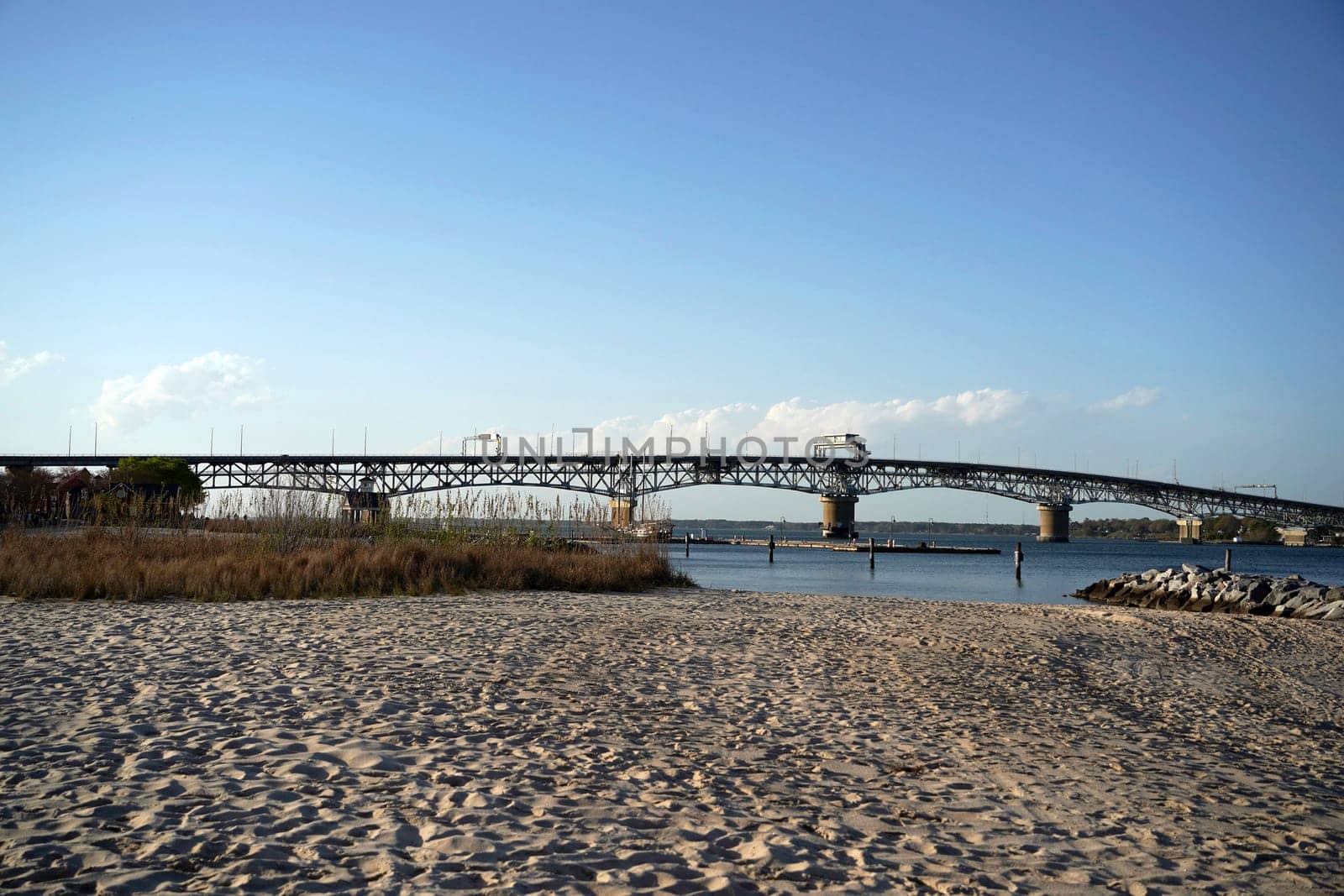 The York river and beach in Yorktown Virginia USA overlooking the Coleman Bridge and the Chesapeake Bay