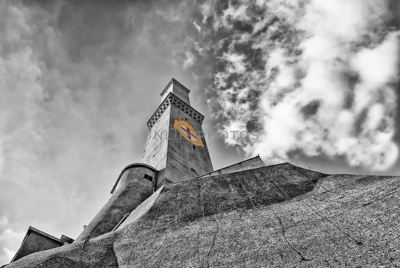 The Lanterna a lightouse in Genoa Italy Symbol in the sky background in black and white