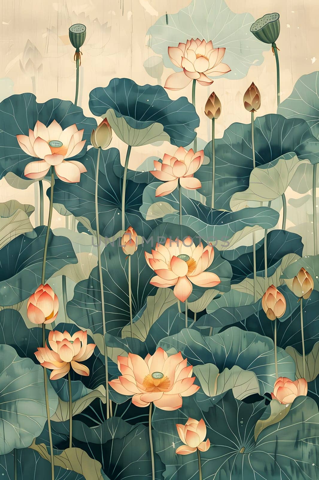 Art depicting sacred lotus flowers and leaves in a pond by Nadtochiy