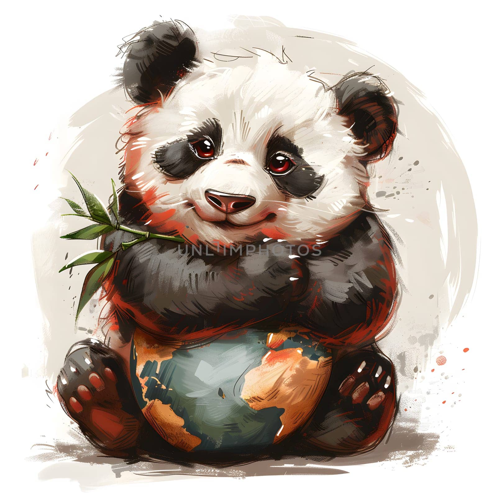 A carnivorous working animal, the panda bear holds a globe and bamboo branch by Nadtochiy