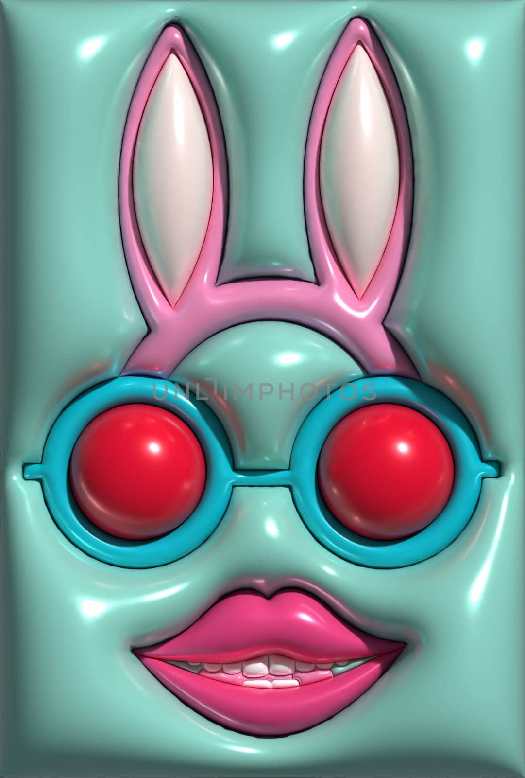 Character wearing glasses and a headband with ears and red lips, 3D rendering. illustration