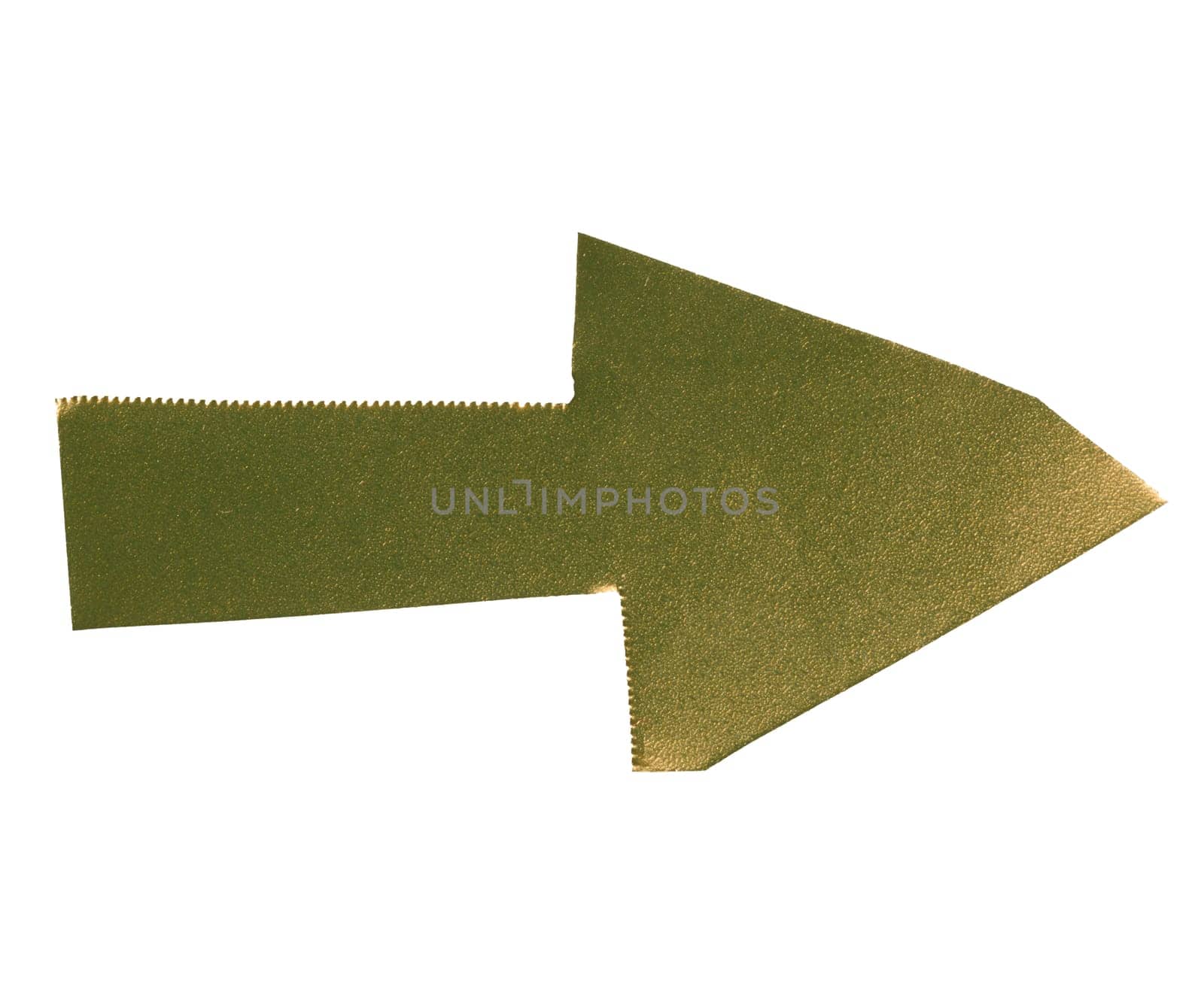 Arrow made of yellow shiny cardboard on isolated background