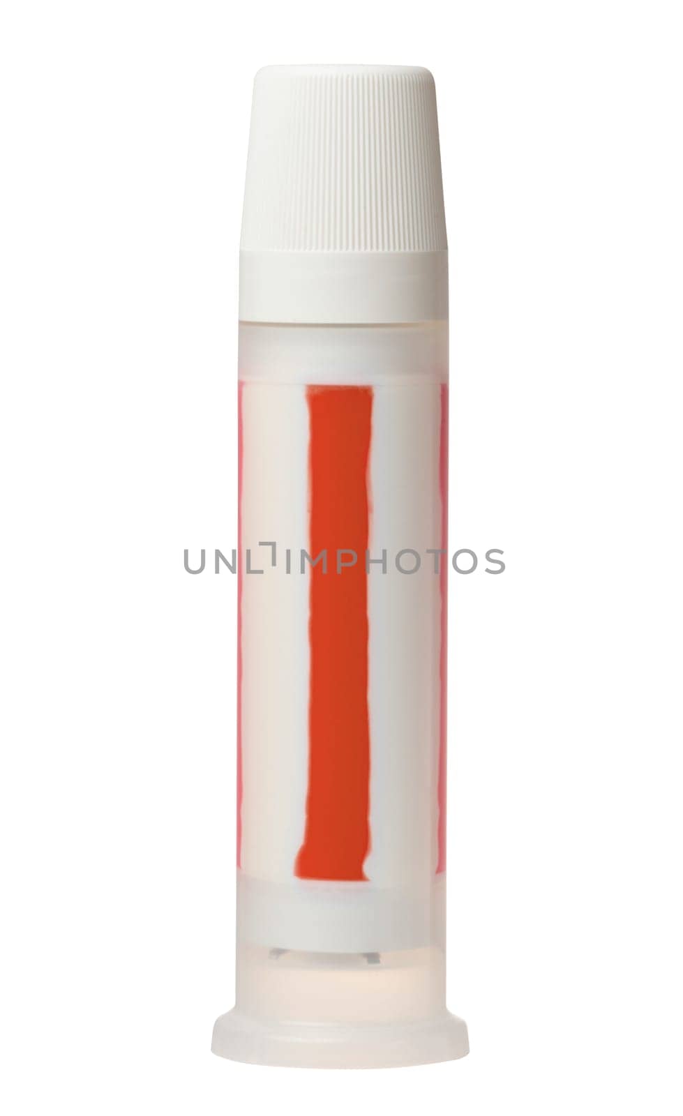 Plastic tube with toothpaste, inside there is a red stripe. Capacity on isolated background