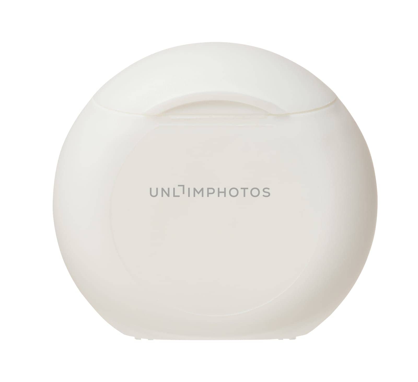 Round white plastic container with dental floss on isolated background by ndanko