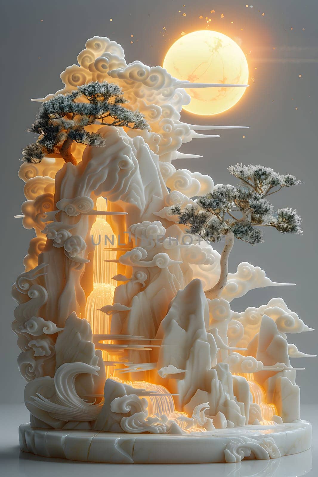 A breathtaking sculpture of a mountain with a tree under a full moon in the sky, depicting the beauty of nature and art through wood and flame