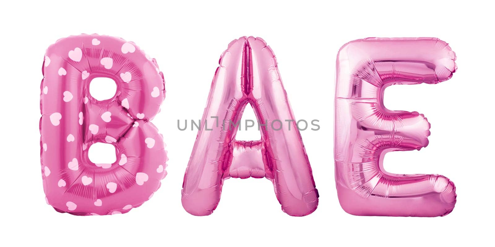 BAE word made of pink inflatable balloons isolated on white background. BAE slang concept