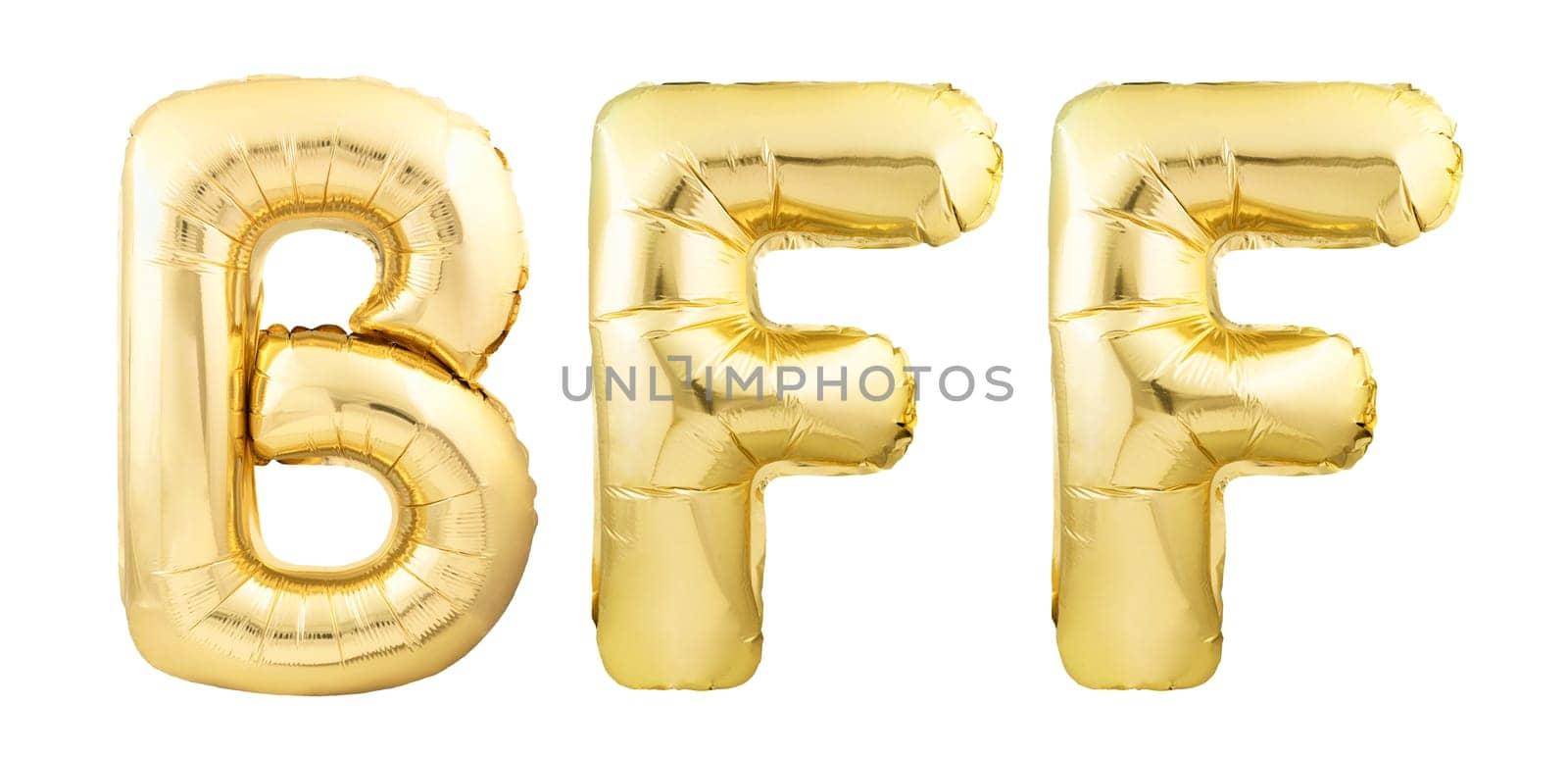 BFF For Best Friends Forever made of golden inflatable balloon letters isolated on white background. Helium balloons forming acronym BFF