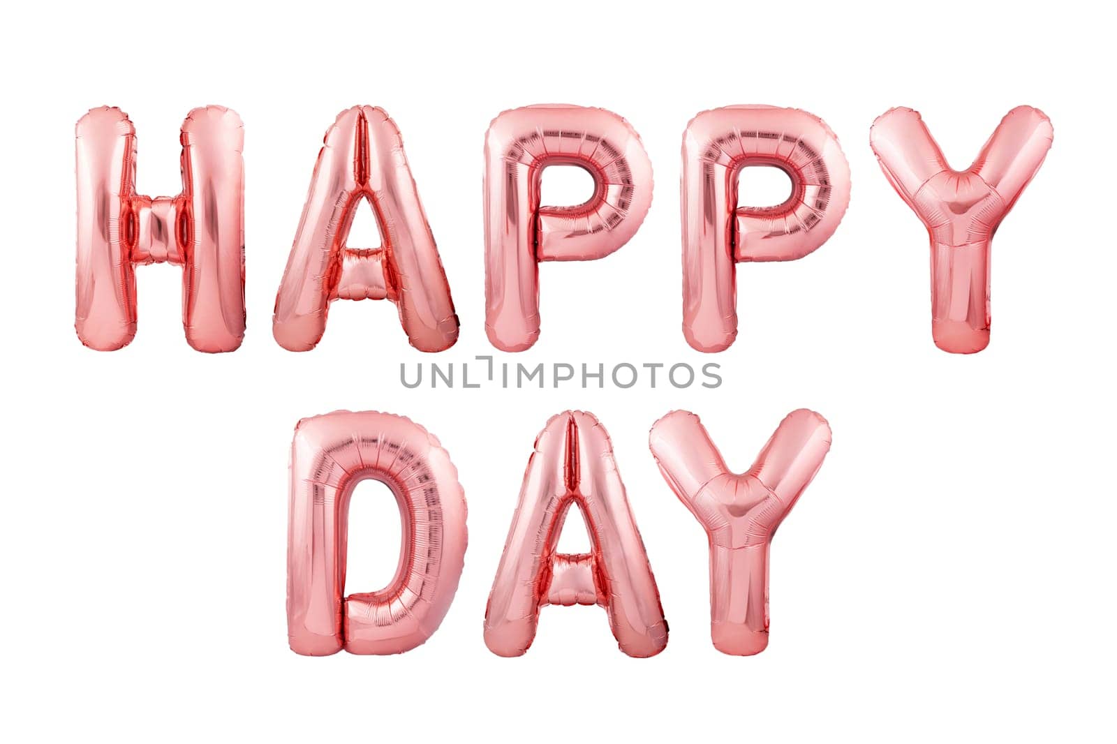 Happy Day words made of rose gold inflatable balloons isolated on white background