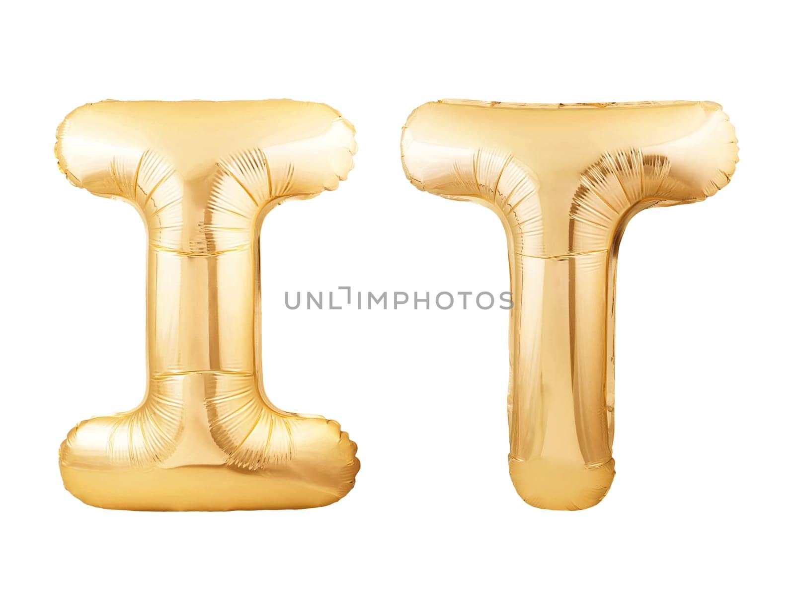 IT abbreviation for Information Technology concept made of golden inflatable balloons isolated on white background