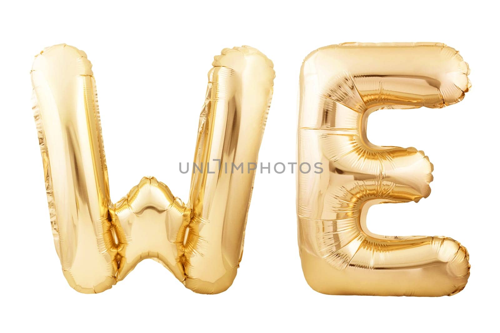 WE made of golden inflatable balloons isolated on white background