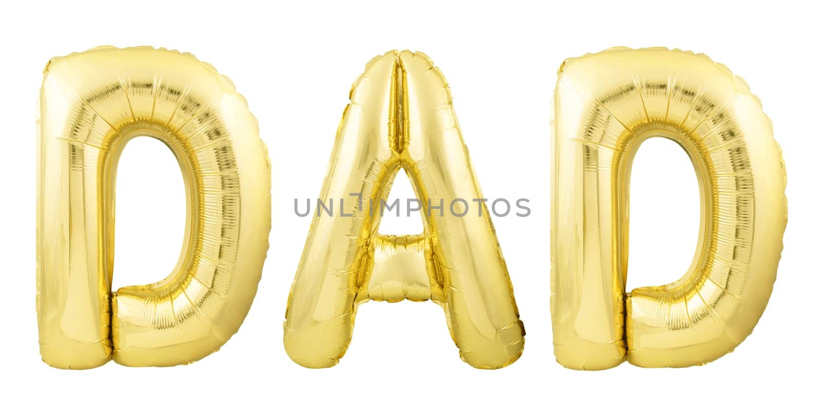 Word dad made of golden inflatable balloon letters isolated on white background. Helium balloons forming the word dad. Father's Day concept