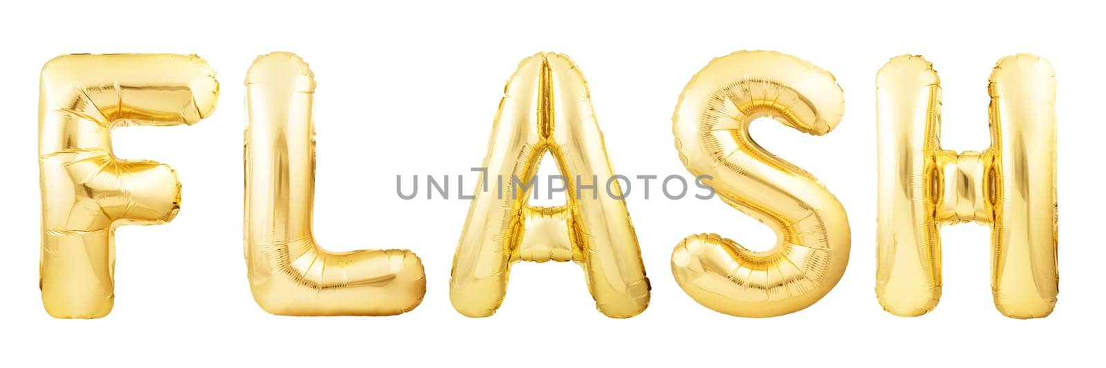 Word flash made of golden inflatable balloons isolated on white background. Helium balloons forming word flash
