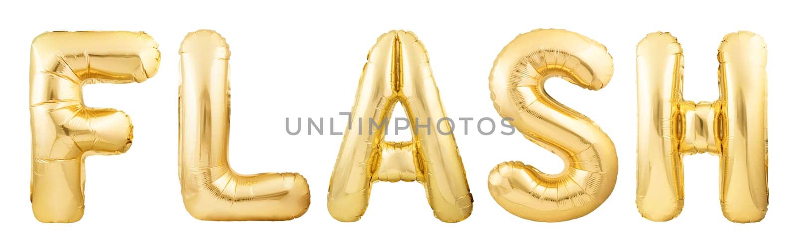 Word flash made of golden inflatable balloon isolated on white background. Helium balloons forming word flash