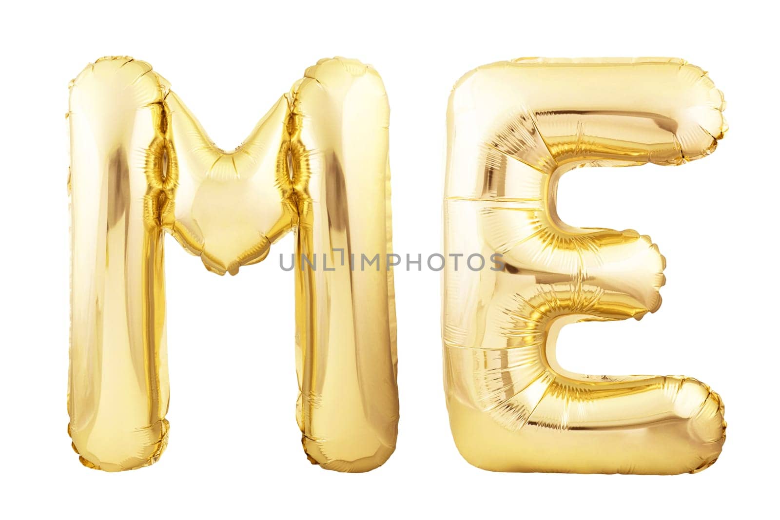 Word ME made of golden inflatable balloon letters isolated on white background. Helium balloons forming word ME
