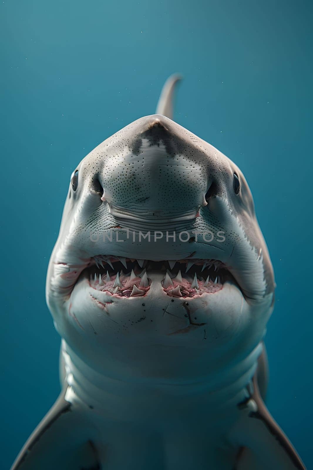 a great white shark is swimming in the ocean and looking at the camera by Nadtochiy