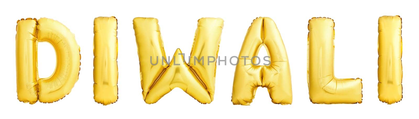 Indian Diwali festival name made of golden inflatable balloon isolated on white background