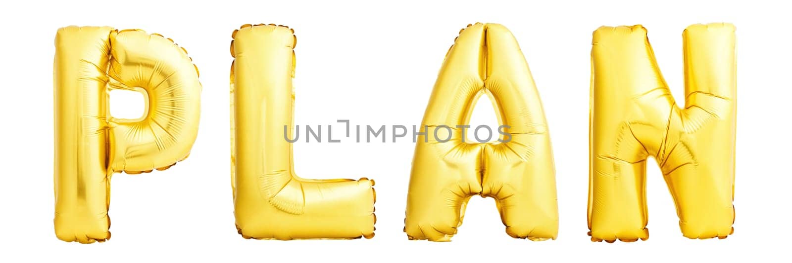 Plan word made of golden inflatable balloon isolated on white background