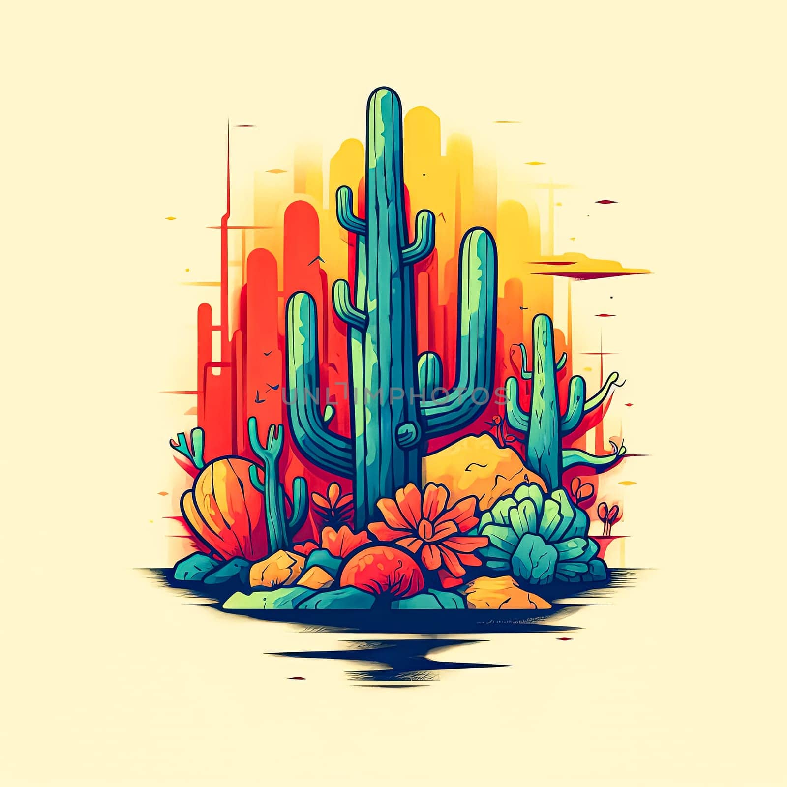 A desert scene with a cactus and mountains in the background. by Alla_Morozova93