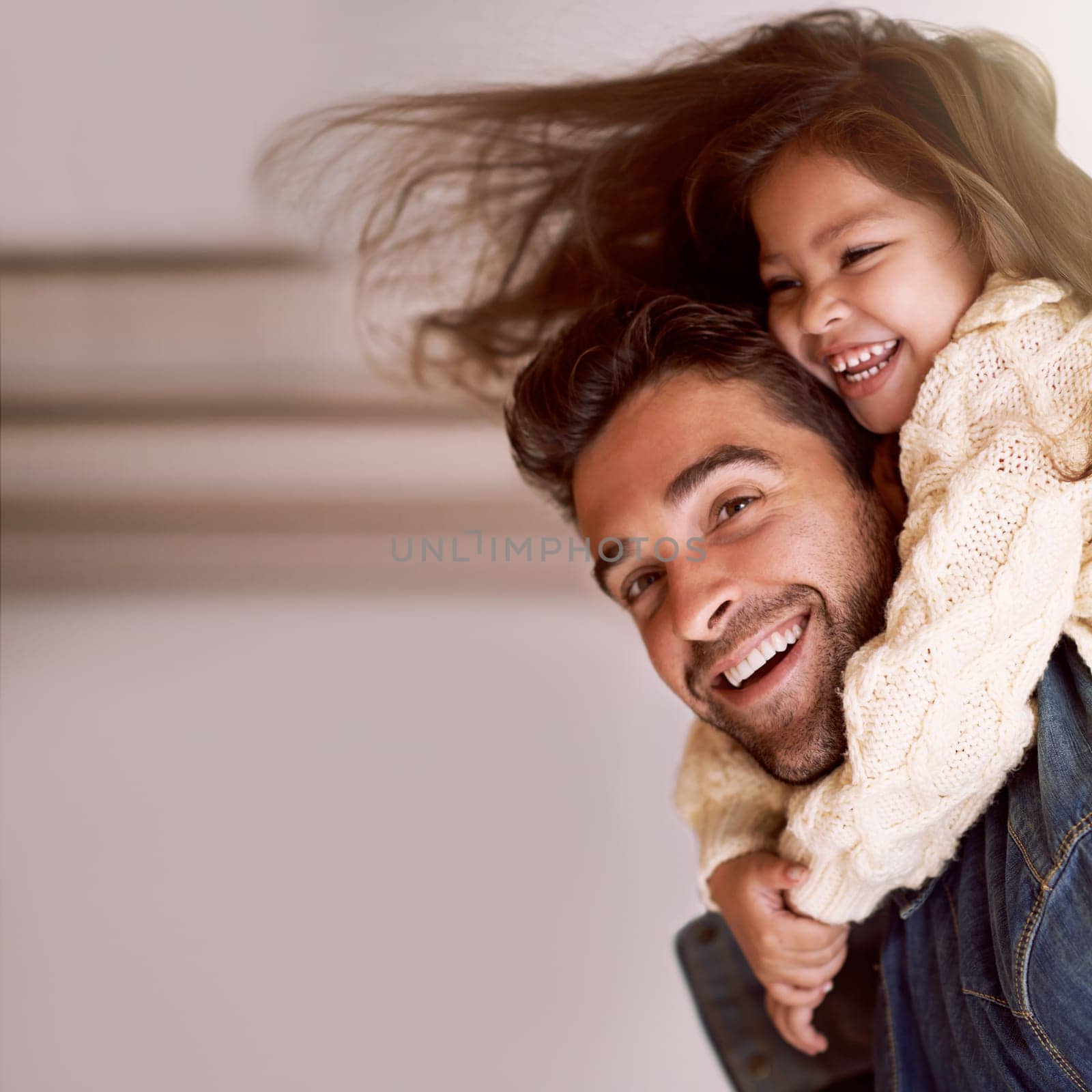 Happy, piggyback and hug from child for dad in home on holiday or relax with family on vacation. Father, love and support girl on back for crazy funny game, bonding and playing together on weekend.