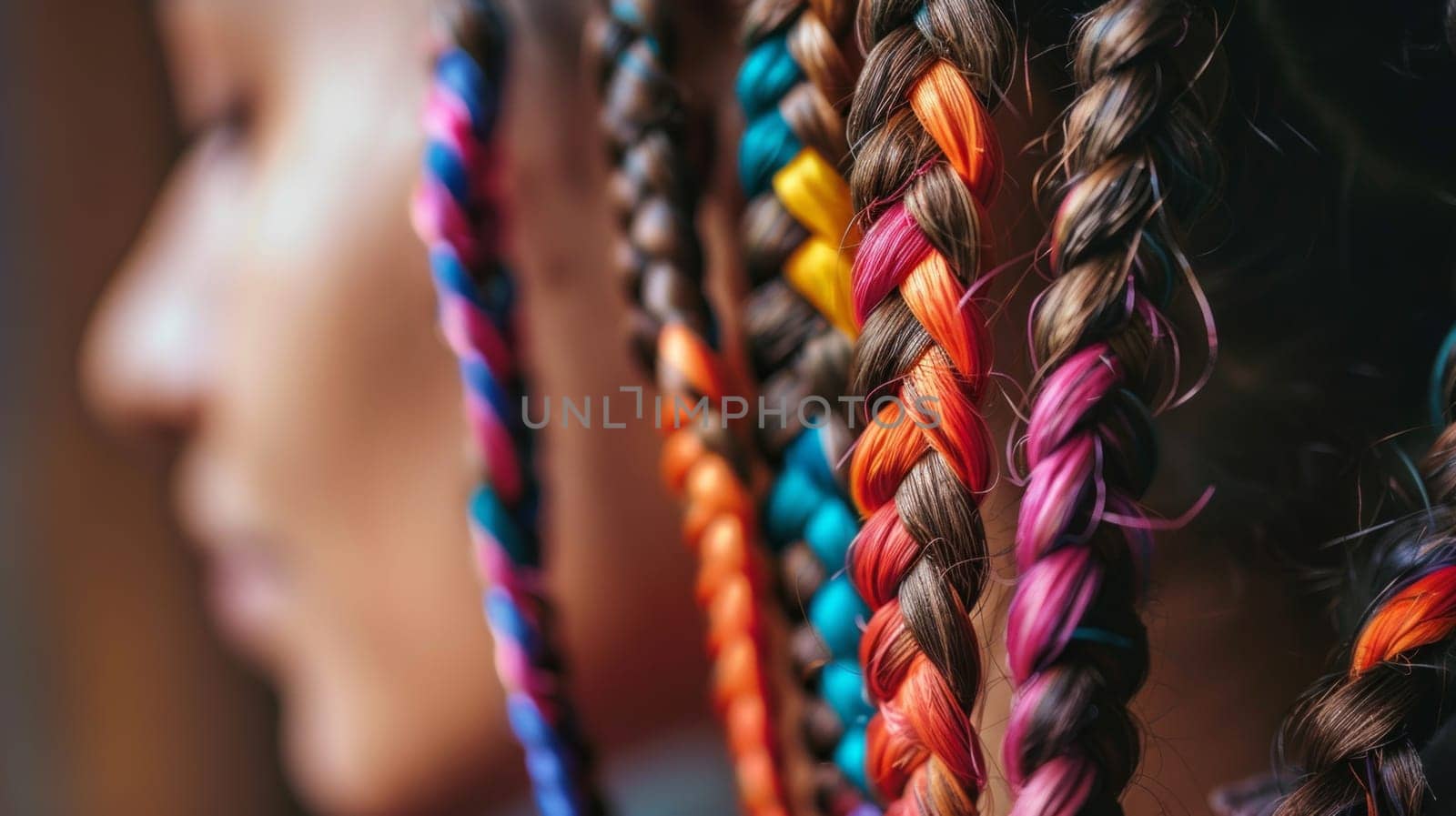 Close up side view of colorful brazilian terere style braid on a young woman.