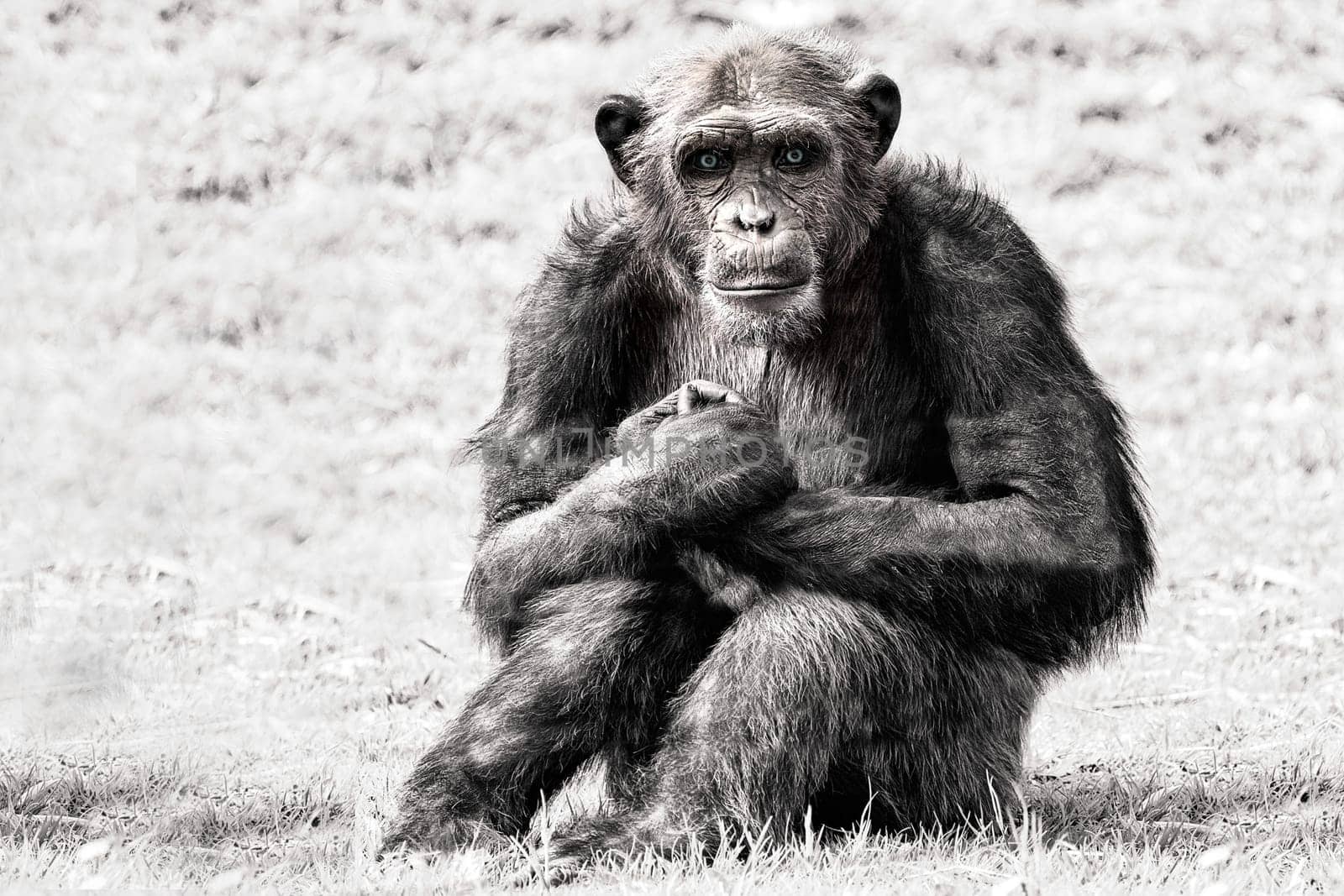 Ape chimpanzee monkey looking at you in black and white