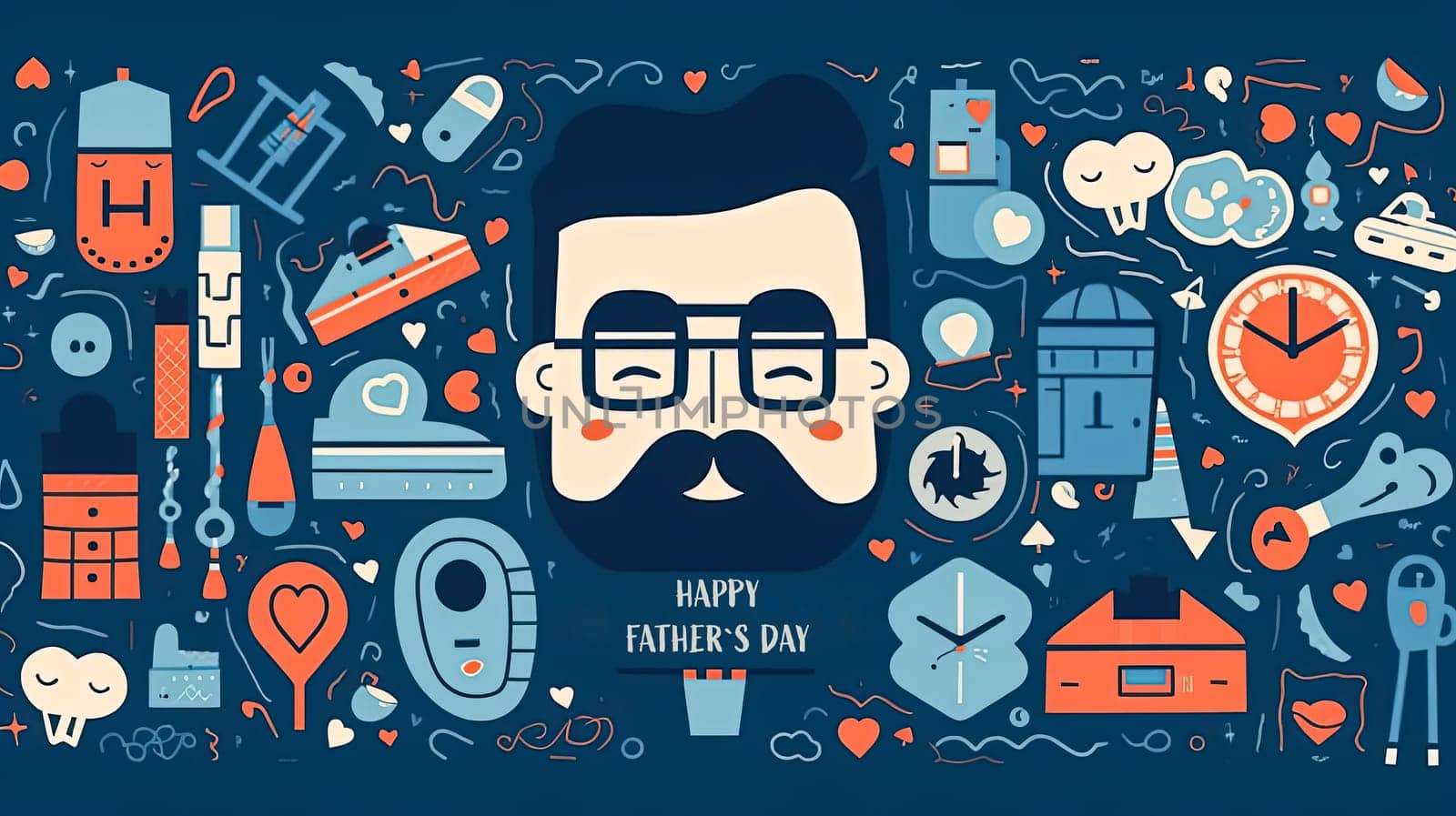 A man's face with a beard and glasses is surrounded by various objects and a clock. The image is titled "Happy Father's Day" and is decorated with hearts and other symbols