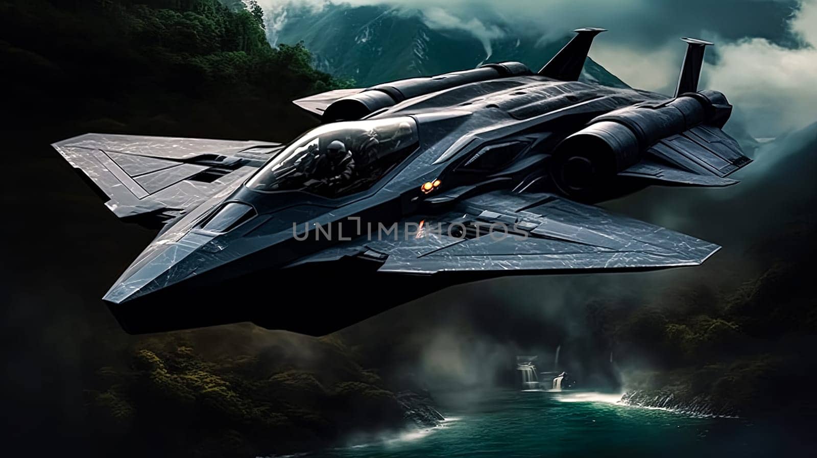 A large, futuristic space ship is flying through a cloudy sky. Scene is dark and mysterious, with the space ship being the only visible object in the scene