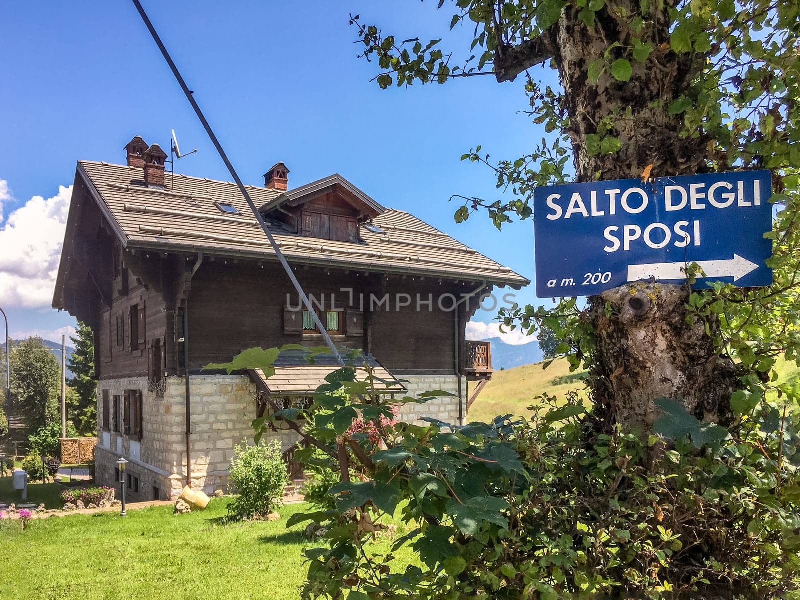 Salto degli Sposi (Jump of the Bride and Groom) is a spectacular viewpoint located 10 minutes walk from the Presolana Pass and known for a tragic legend. Passo della Presolana - BG, ITALY - July 17, 2023