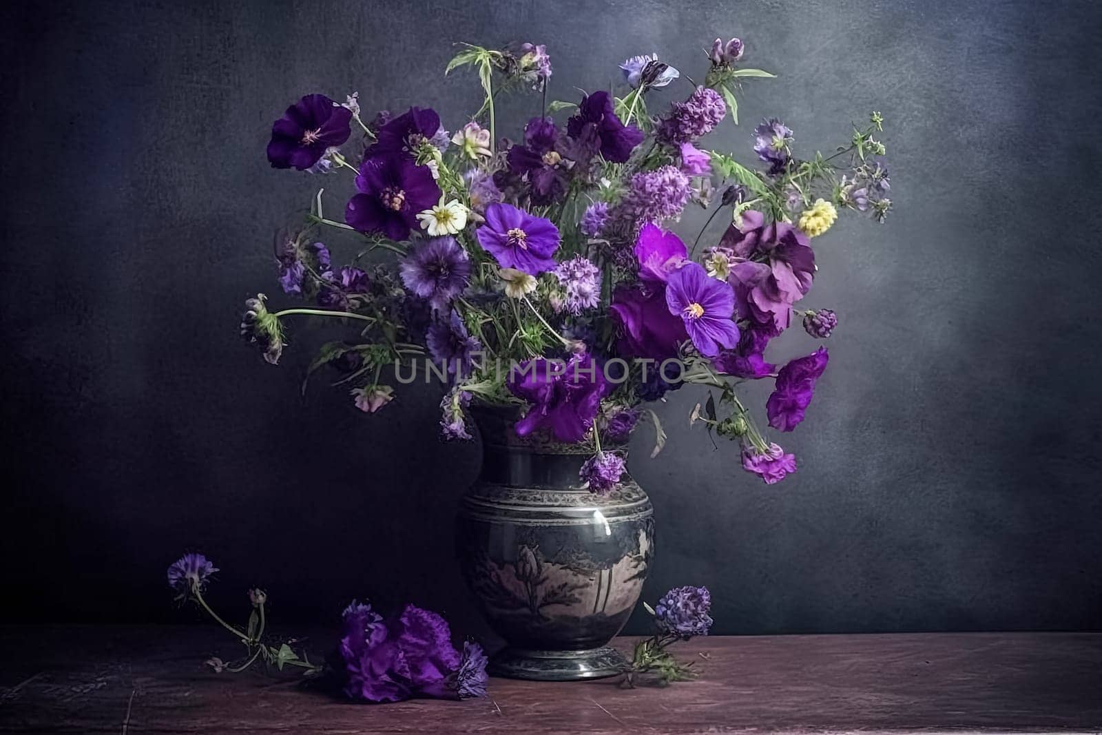 A vase of purple flowers sits on a table with a purple cloth. The scene is serene and calming, with the purple flowers adding a touch of color