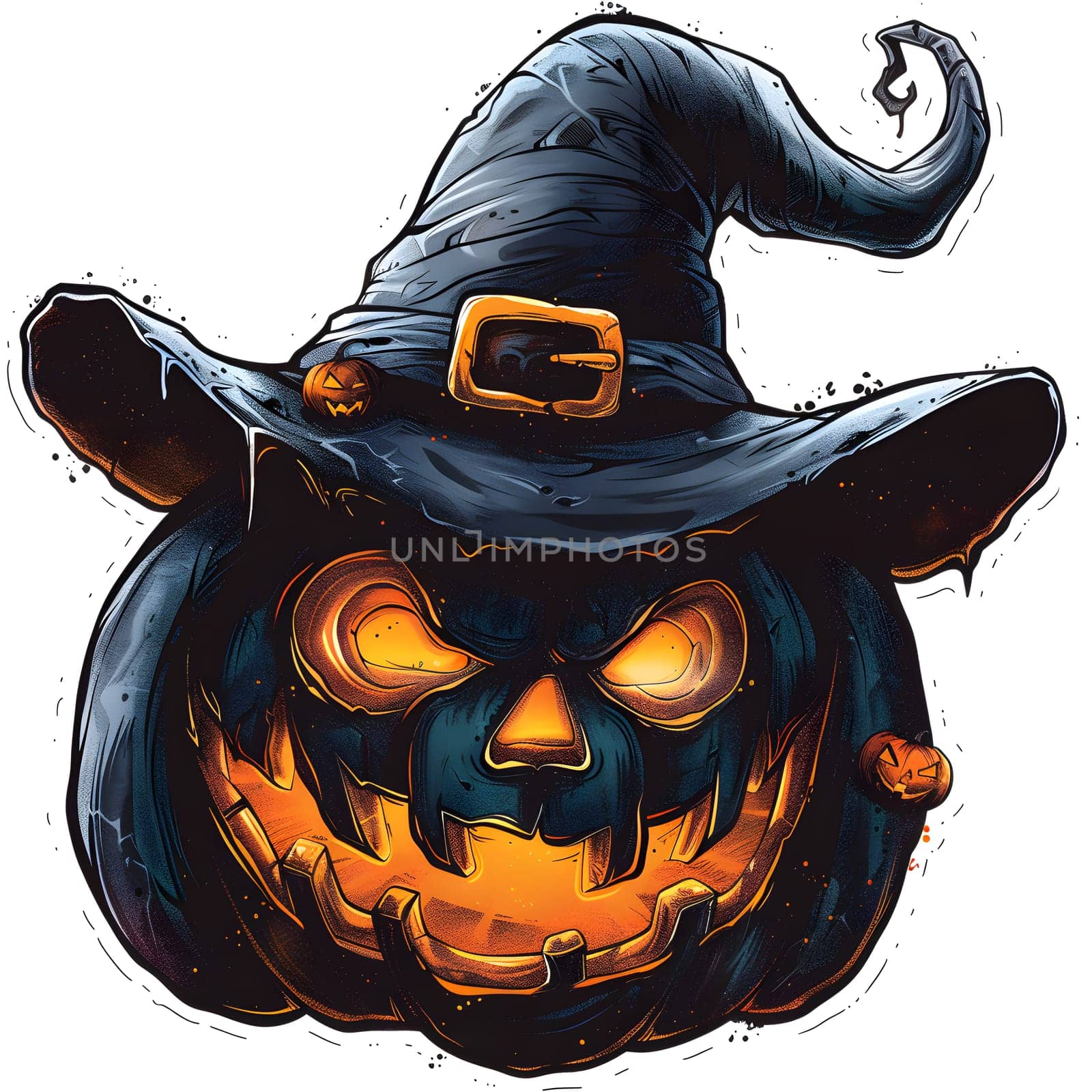 A Calabaza painted with a witch hat on its head, resembling a fictional character. The art depicts a working animal with a spooky vibe, showcasing creativity and Halloween spirit