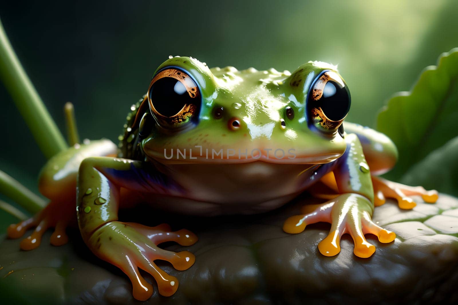 Cute green frog in the habitat. AI generated image.